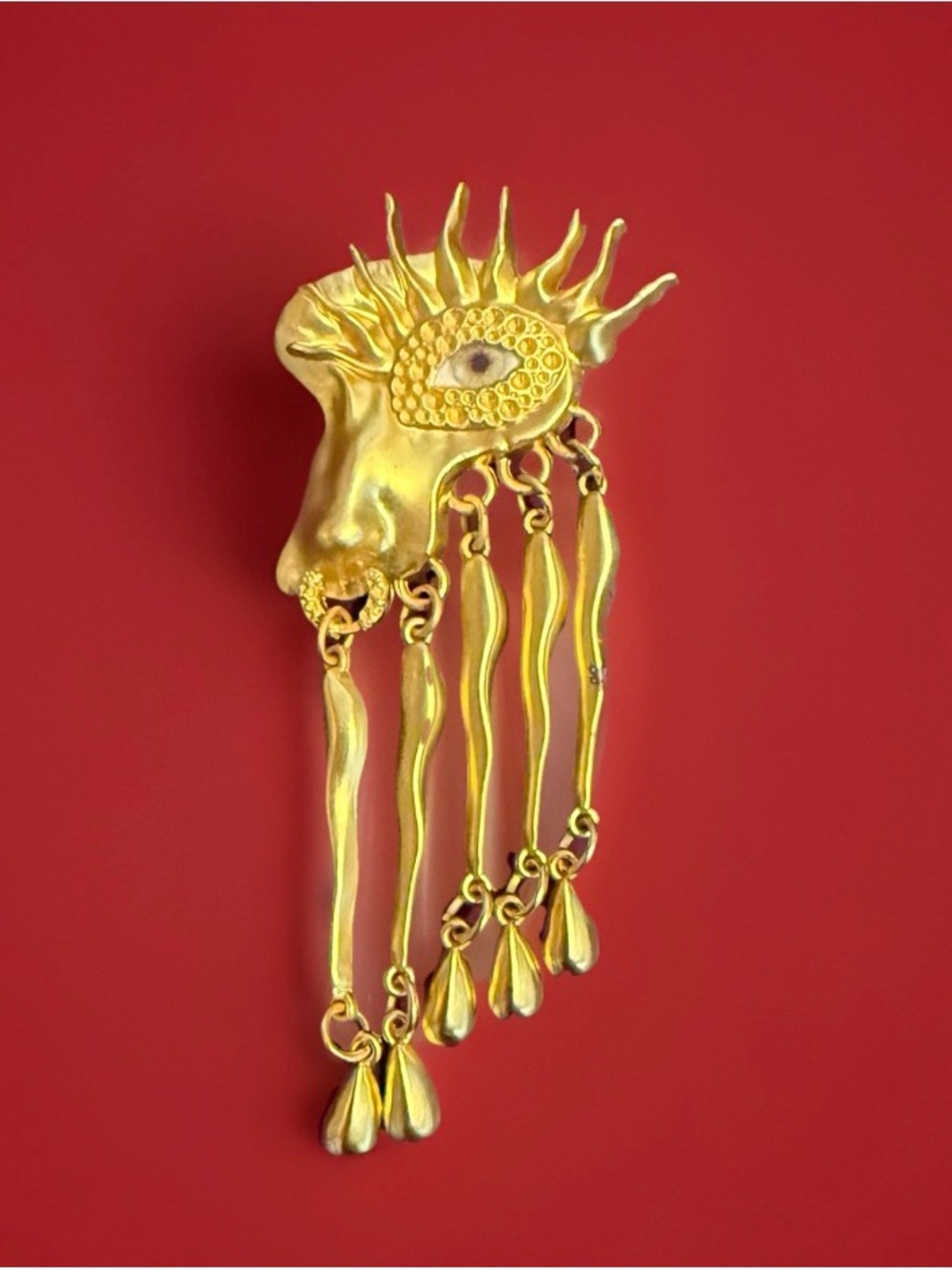 Unique Surrealist Eye Brooch Pin Gold Toned Tassels Dangle Statement Jewelry